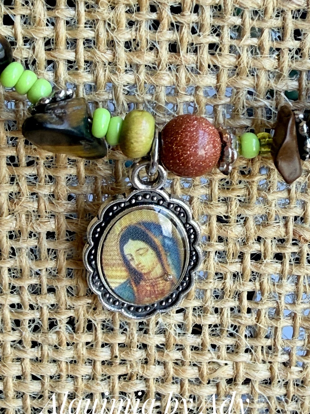 GUADALUPANA + Green and Brown Beaded Necklace with Devotional Pendant